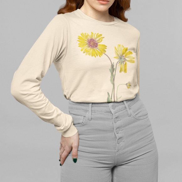 Outfit Bits Tops - Common Gaillardia Vintage Floral Print Long Sleeve Graphic Tee T-shirt S M L XL
